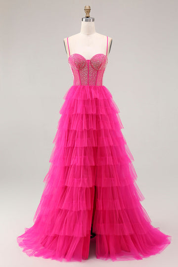 Fuchsia Corset A Line Spaghetti Straps Beaded Tiered Prom Dress with Slit